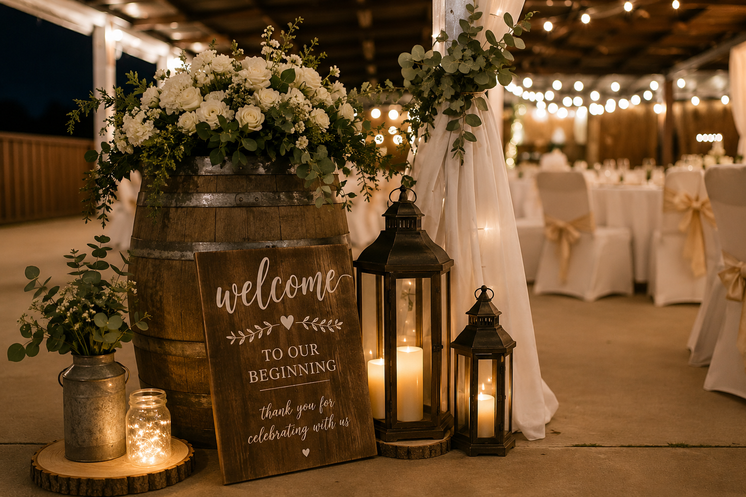 Rustic venue detail with greenery.